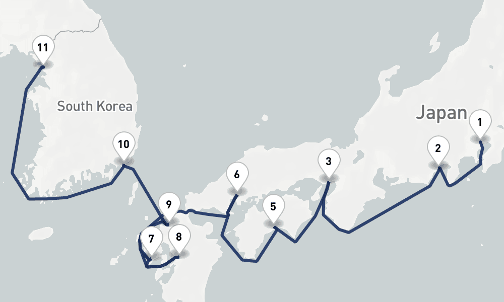 13 days, one-way from Tokyo to Incheon 14日間
