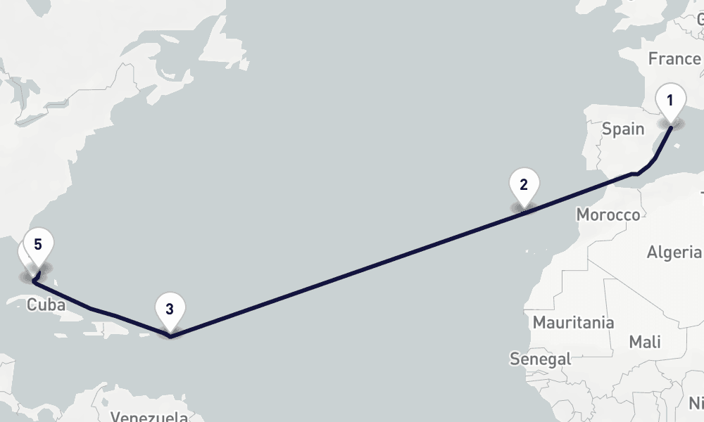 14 days, one-way from Barcelona to Miami 15日間