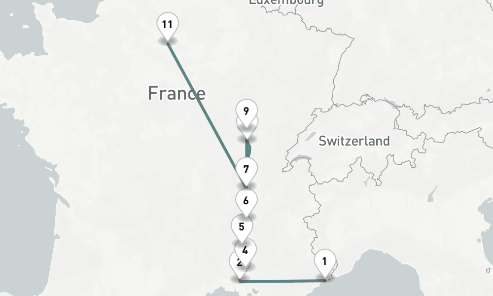 9 nights / 10 days, one-way from Villefranche-sur-Mer (Nice, France Riviera) to Paris
