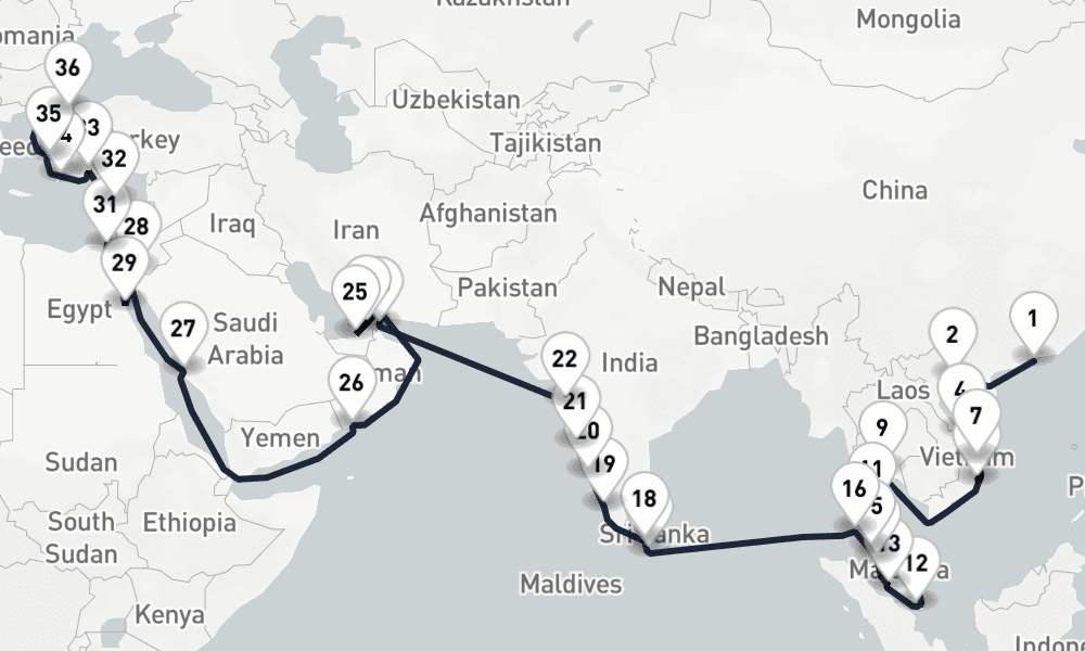 53 nights / 54 days, one-way from Hong Kong to Istanbul