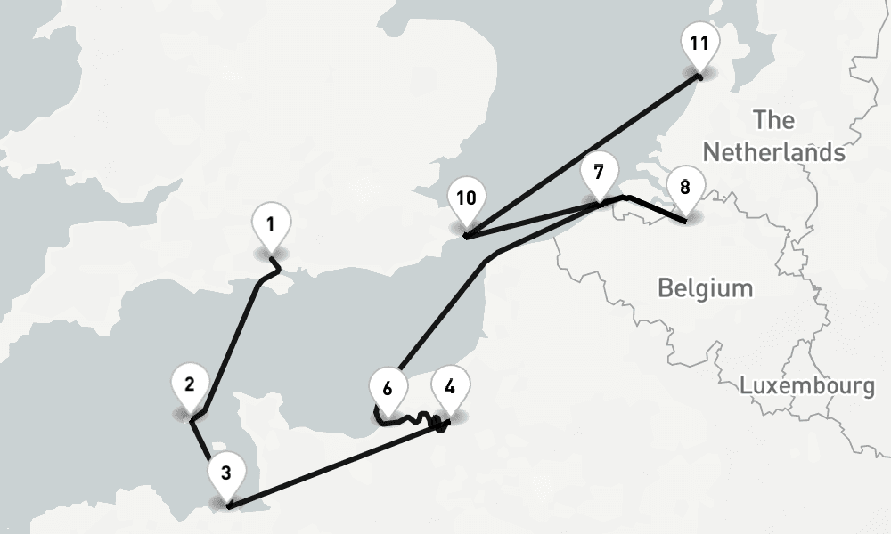 11 nights / 12 days, one-way from Southampton (England) to IJmuiden (Holland)