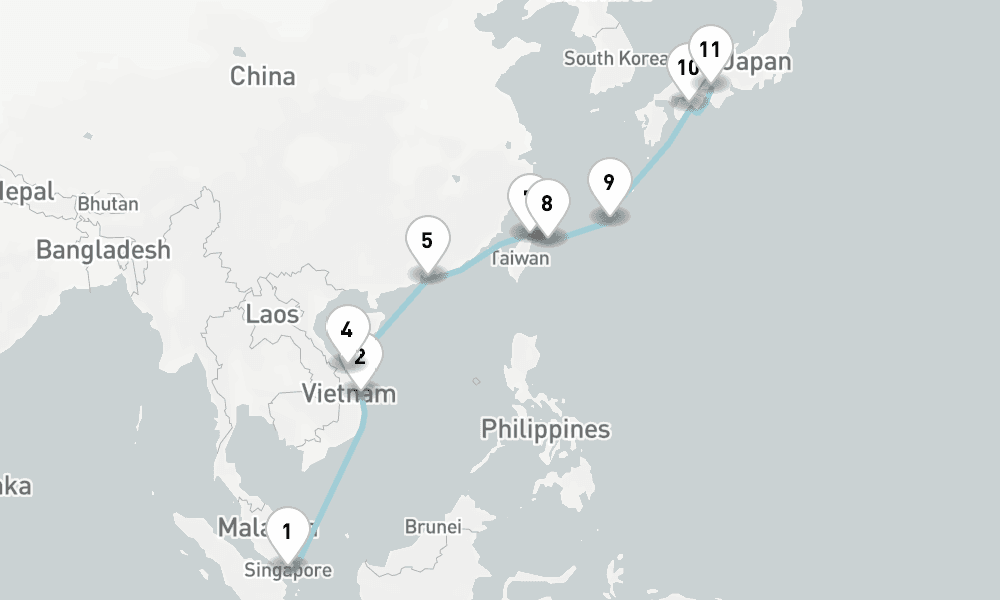 15 nights / 16 days, one-way from Singapore to Kobe (Osaka-Kyoto, Japan)