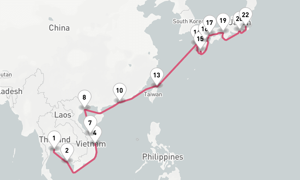 28 nights / 29 days, one-way from Laem Chabang (Bangkok, Thailand) to Tokyo