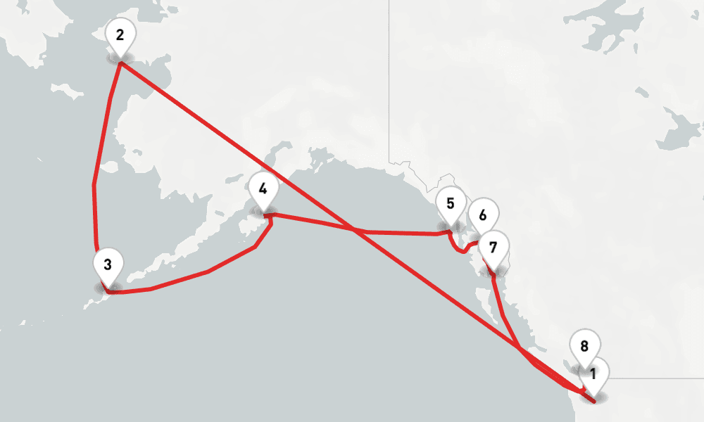 16 nights / 17 days, one-way from Seattle (Washington) to Vancouver (BC Canada)