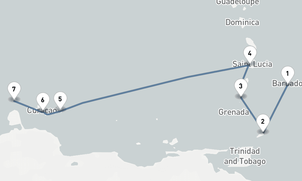7 nights / 8 days, one-way from Bridgetown (Barbados) to Oranjestad (Aruba Island, Dutch Antilles)