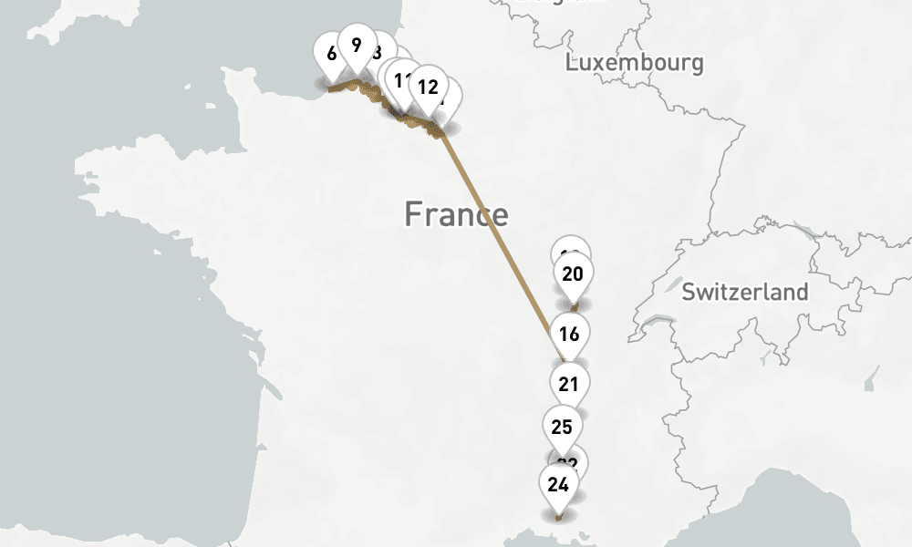 20 nights / 21 days, one-way from Paris to Lyon