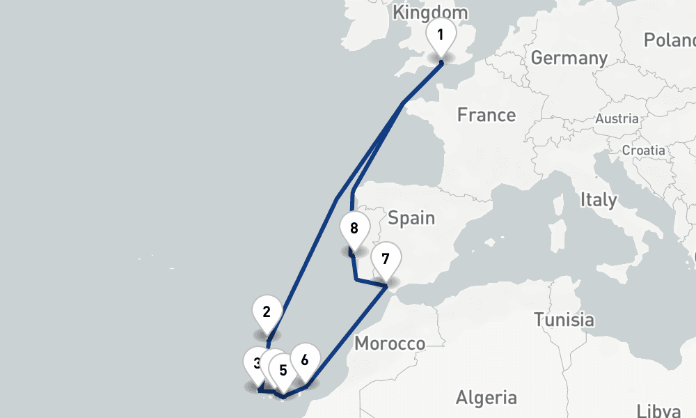 14 nights / 15 days, Southampton (England) Round trip