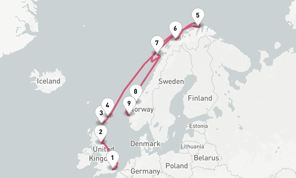 14 nights / 15 days, one-way from Tilbury (London, England) to Bergen