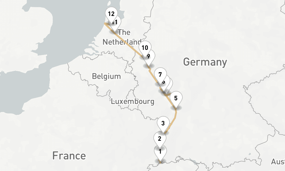 7 nights / 8 days, one-way from Basel to Amsterdam (Holland)