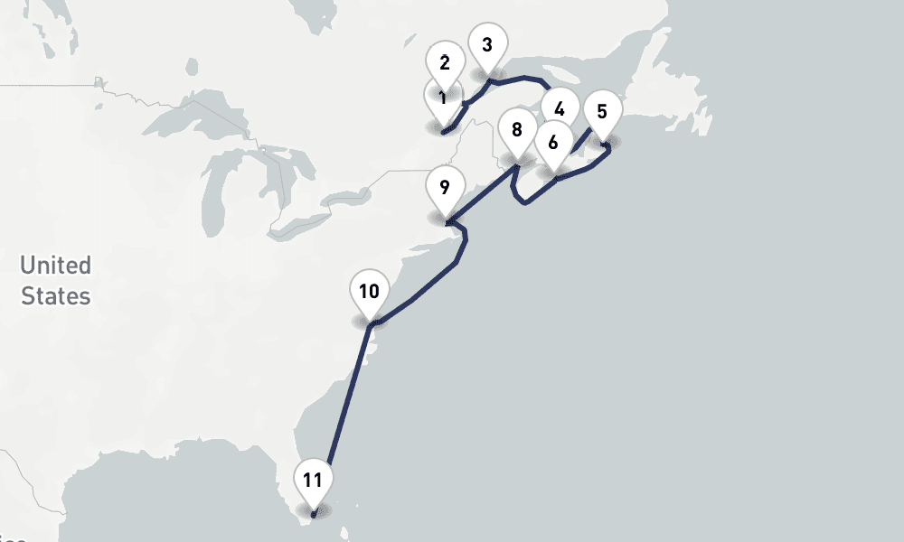 14 days, one-way from Quebec City to Miami 15日間