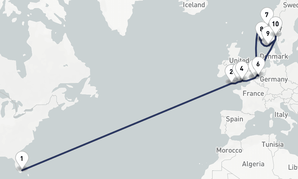 21 days, one-way from Fort Lauderdale to Rotterdam 22日間