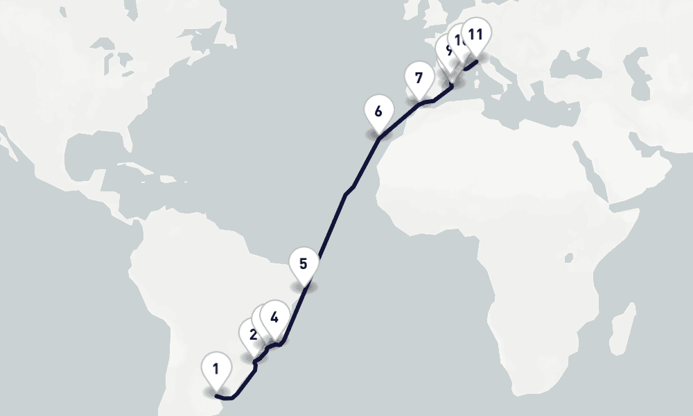 21 days, one-way from Buenos Aires to Genoa 22日間