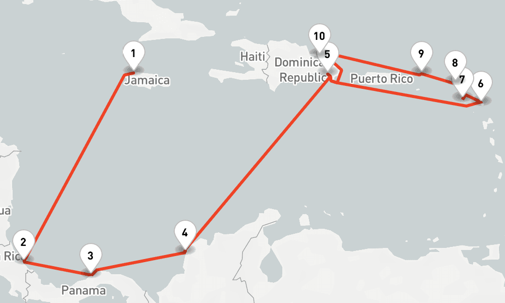 13 nights / 14 days, one-way from Montego Bay to La Romana (Dominican Republic)