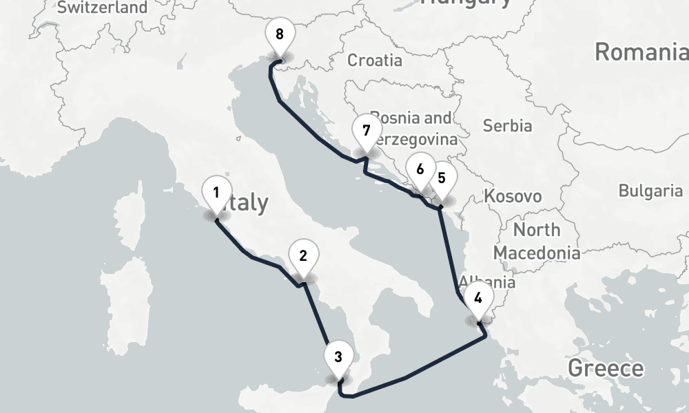 7 days, one-way from Civitavecchia-Rome to Trieste 8日間