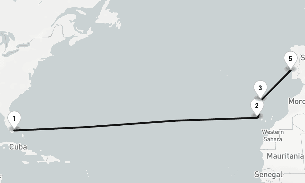 14 days, one-way from Miami to Lisbon 15日間