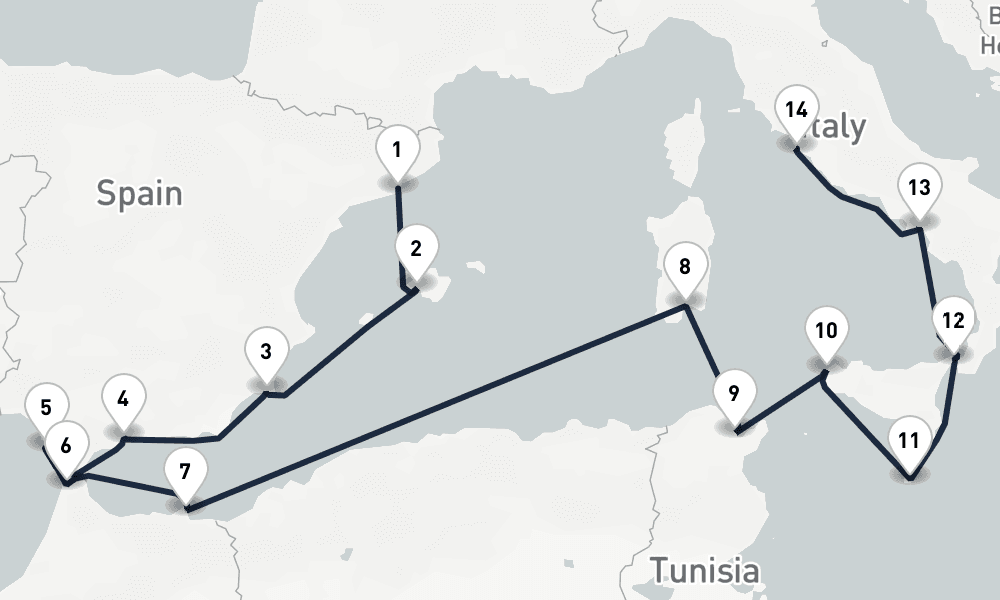 14 days, one-way from Barcelona to Civitavecchia-Rome 15日間