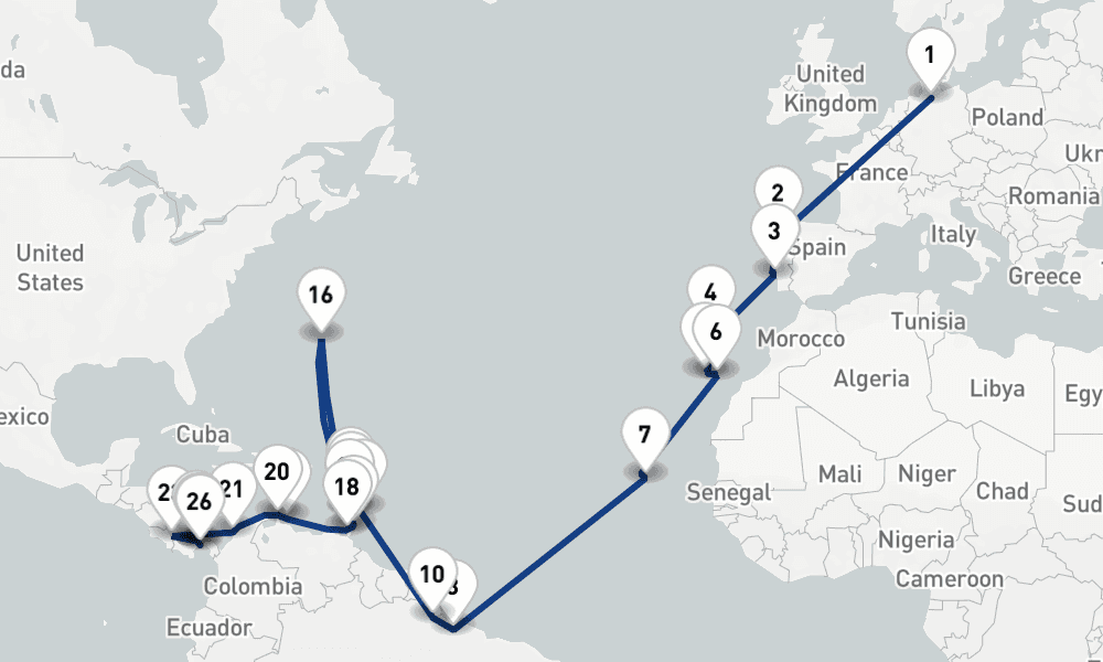 44 days, one-way from Hamburg to Panama City 45日間