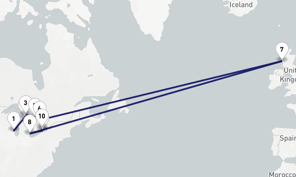 13 days, one-way from Milwaukee WI to Toronto 14日間