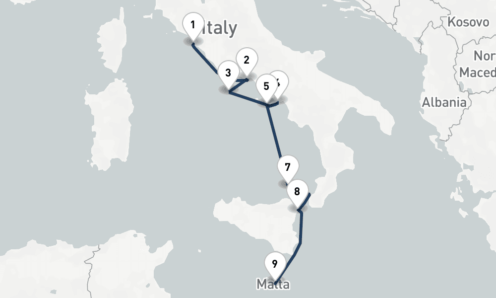 7 days, one-way from Civitavecchia-Rome to Valletta 8日間
