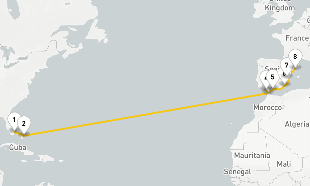 15 days, one-way from Fort Lauderdale to Barcelona 16日間