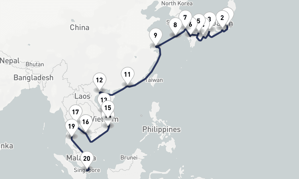 28 days, one-way from Tokyo to Singapore 29日間
