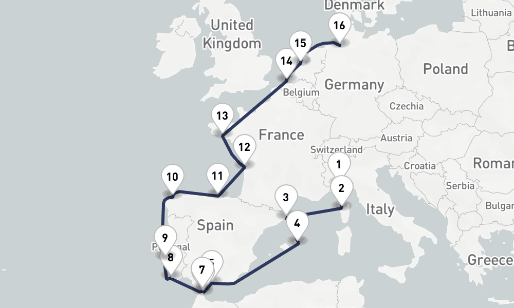 17 days, one-way from Savona to Bremerhaven 18日間