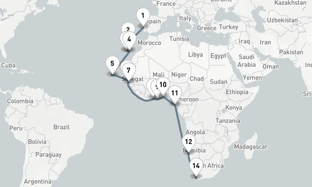25 days, one-way from Lisbon to Cape Town 26日間