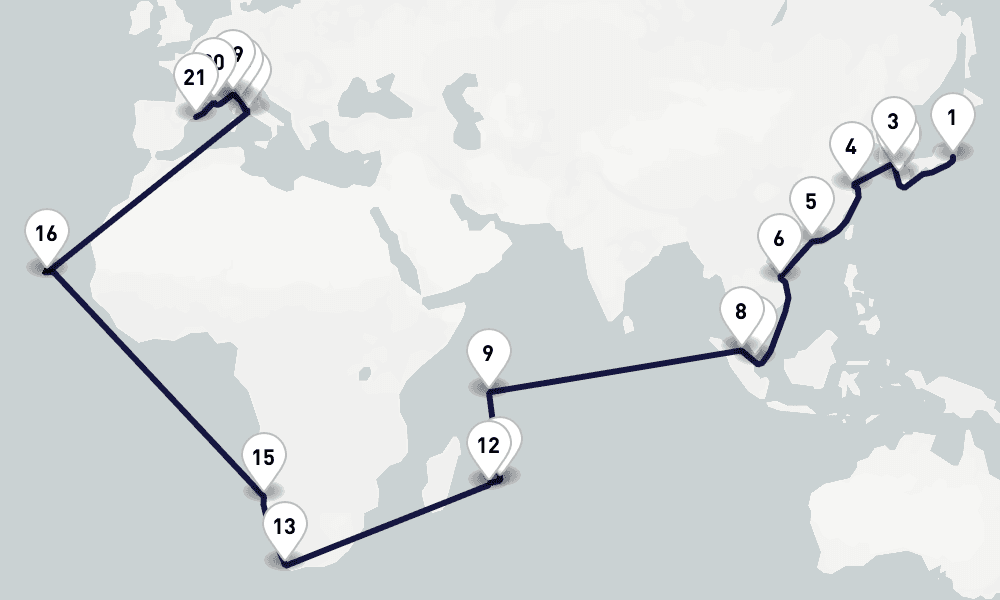 55 days, one-way from Tokyo to Barcelona 56日間