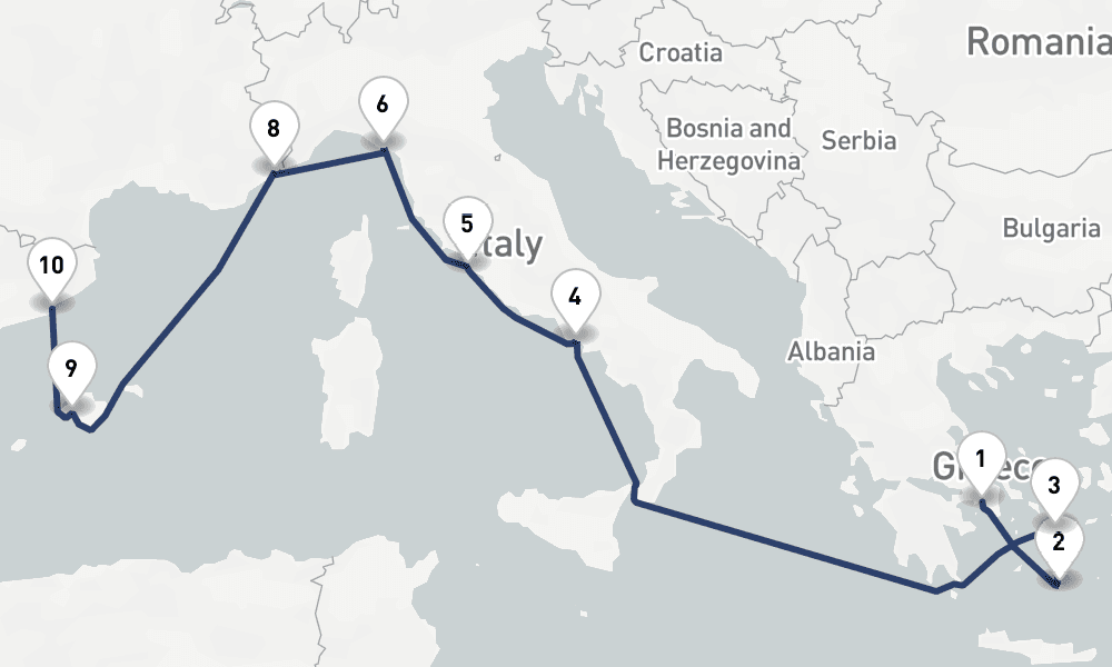 11 days, one-way from Piraeus-Athens to Barcelona 12日間