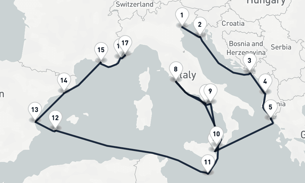 17 days, one-way from Venice to Monte Carlo 18日間