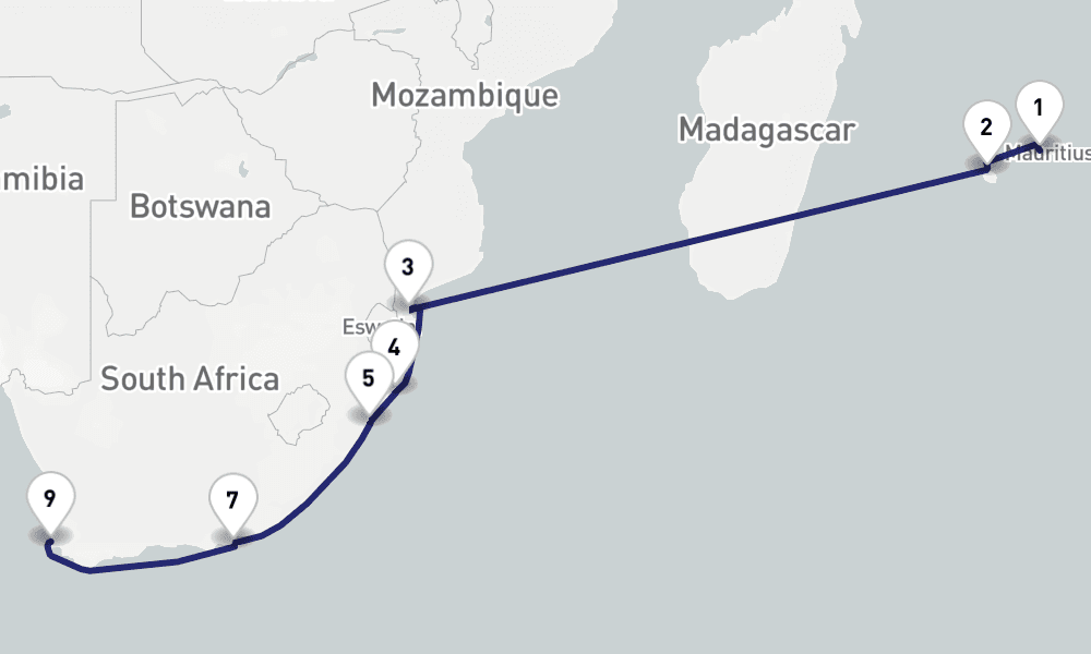 13 days, one-way from Port Louis to Cape Town 14日間