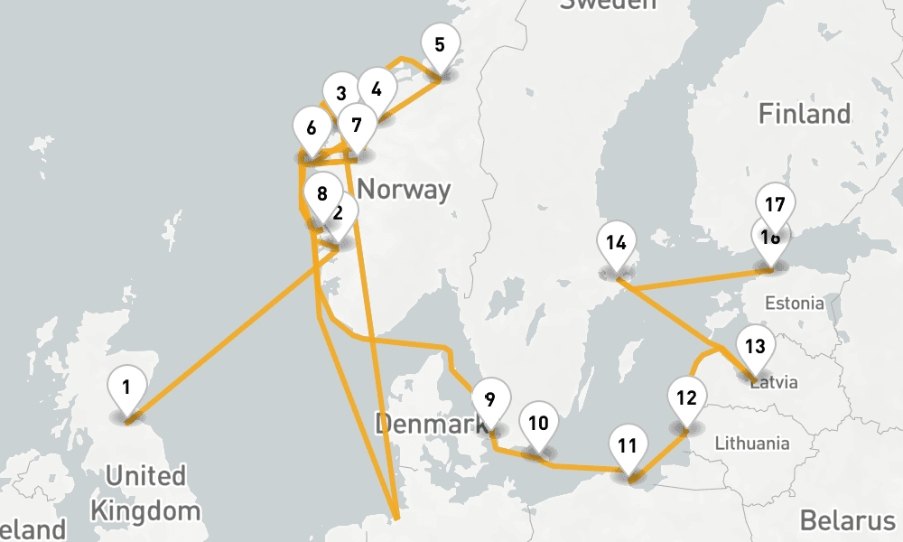 18 days, one-way from Leith-Edinburgh to Helsinki 19日間