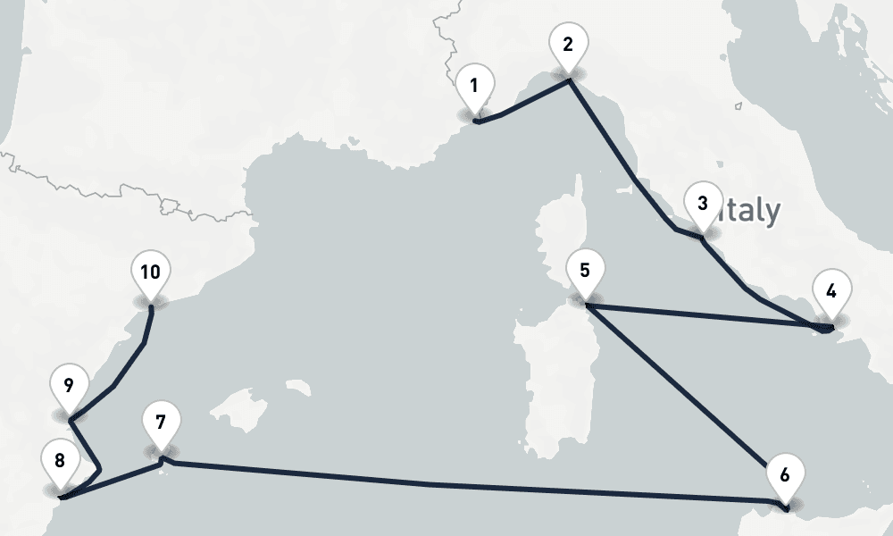 10 days, one-way from Monte Carlo to Tarragona 11日間
