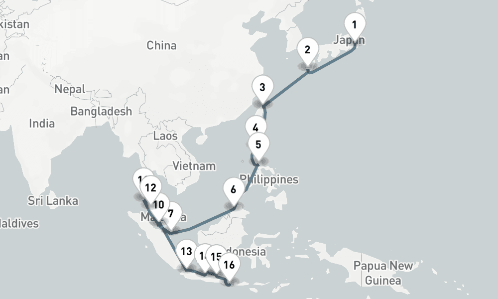 24 days, one-way from Tokyo to Benoa 25日間