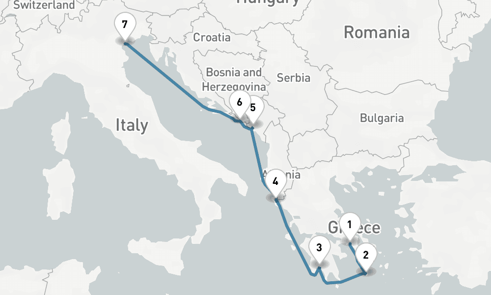 7 days, one-way from Piraeus-Athens to Venice 8日間