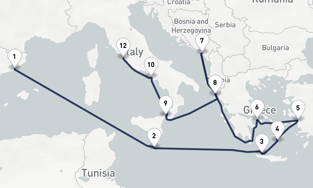 14 days, one-way from Barcelona to Civitavecchia-Rome 15日間