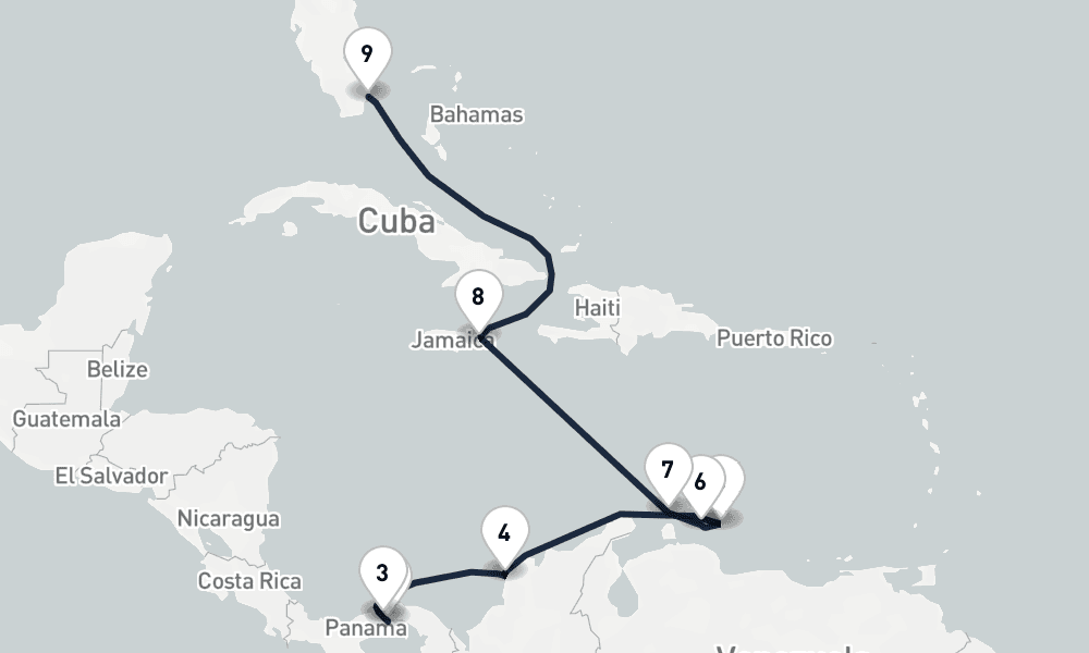 10 days, one-way from Panama City to Miami 11日間
