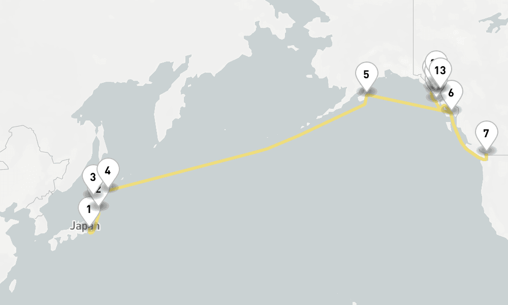 25 days, one-way from Tokyo to Juneau 26日間