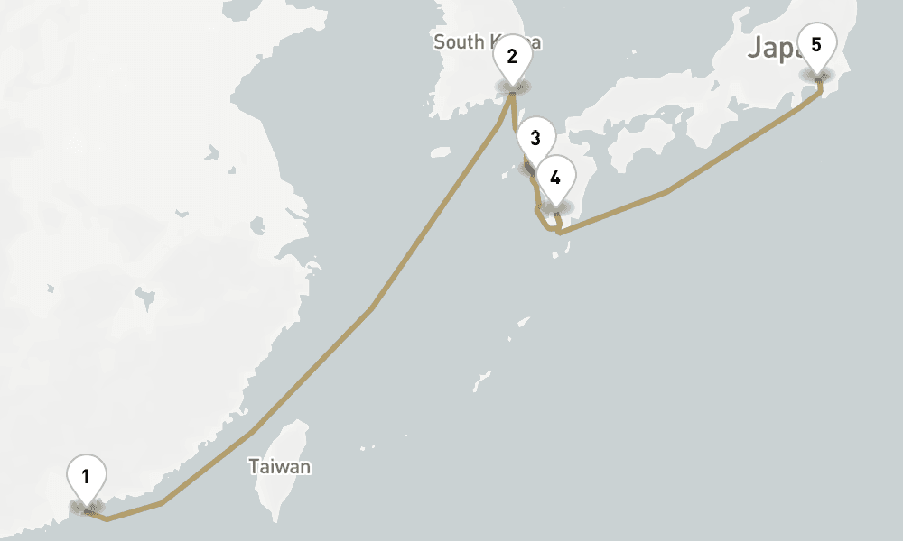 8 days, one-way from Hong Kong to Yokohama 9日間