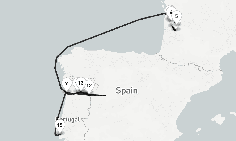 17 days, one-way from Bordeaux to Lisbon 18日間