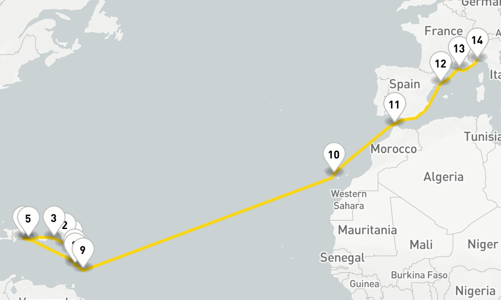 22 days, one-way from Pointe-a-Pitre to Savona 23日間