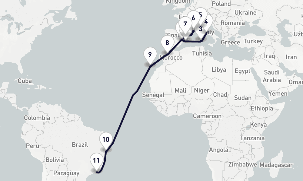 20 days, one-way from Valencia to Rio de Janeiro 21日間