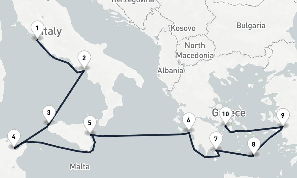 10 days, one-way from Civitavecchia-Rome to Piraeus-Athens 11日間
