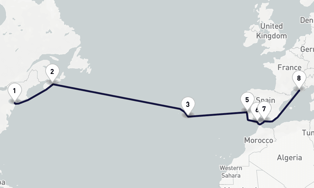 15 days, one-way from New York to Marseille 16日間