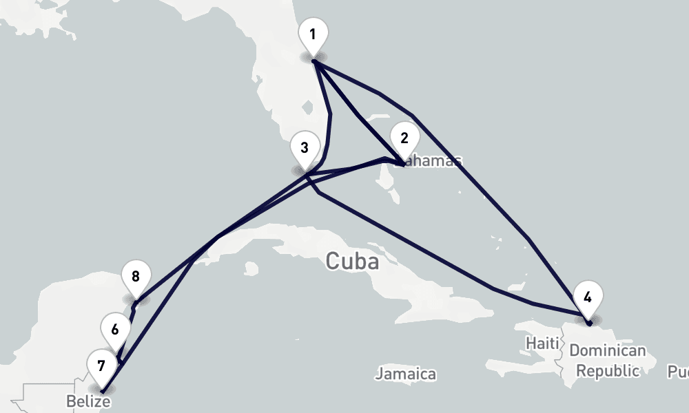 14 days, round-trip Caribbean Bahamas 15日間