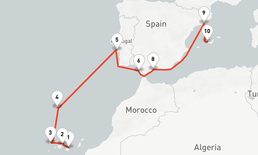12 days, one-way from Las Palmas de Gran Canaria to Palma de Mallorca 13日間