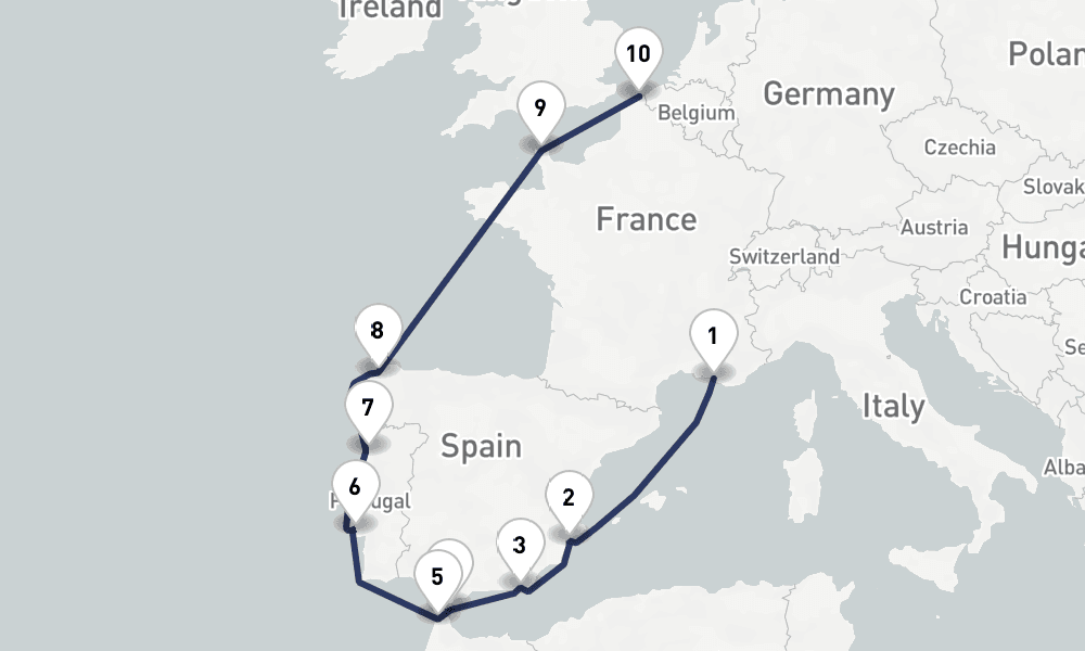 12 days, one-way from Marseille to Dunkirk 13日間