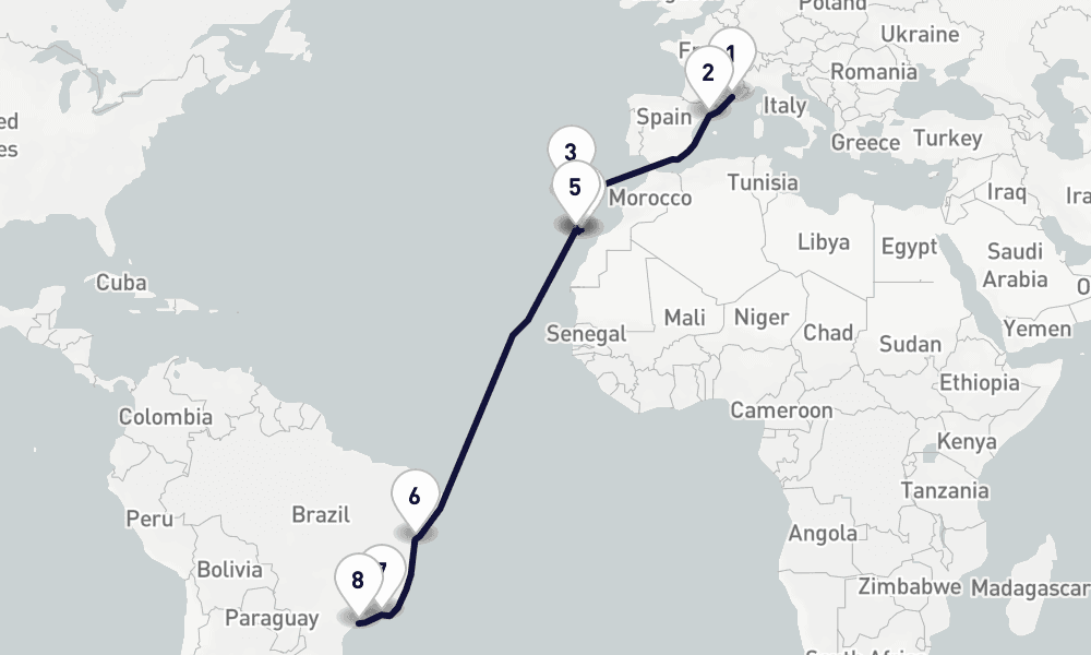 17 days, one-way from Marseille to Santos 18日間