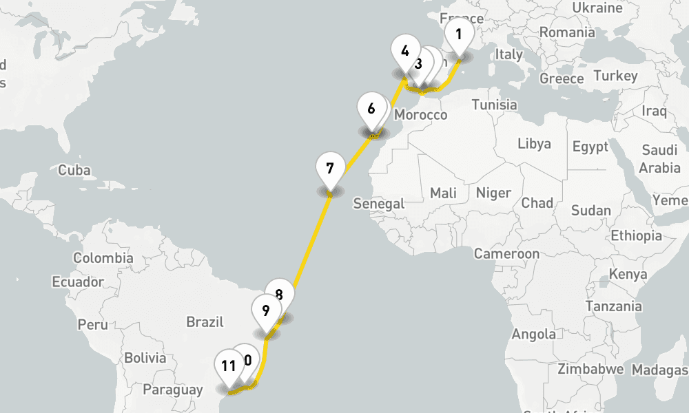 20 days, one-way from Barcelona to Santos 21日間