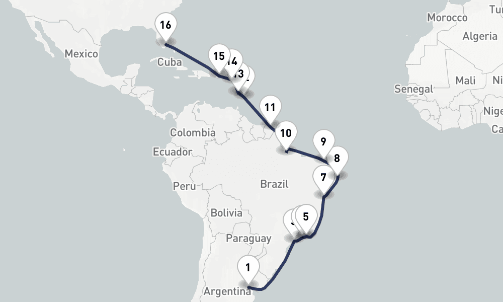 29 days, one-way from Buenos Aires to Fort Lauderdale 30日間